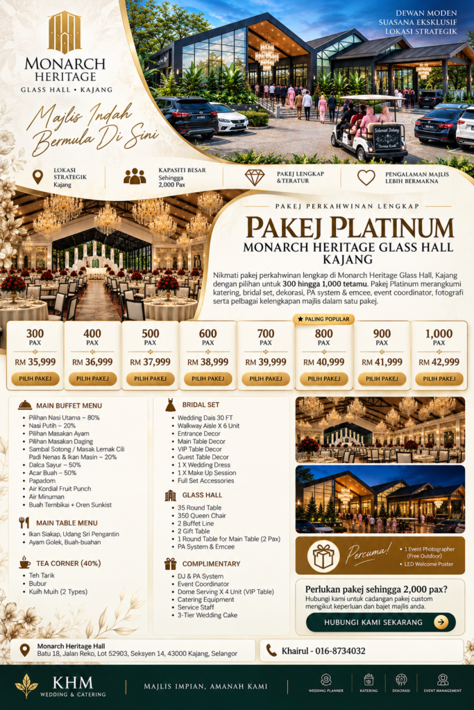 Pakej Perkahwinan Monarch Heritage Glass Hall Kajang Bangi 2026 2027 KHM Wedding