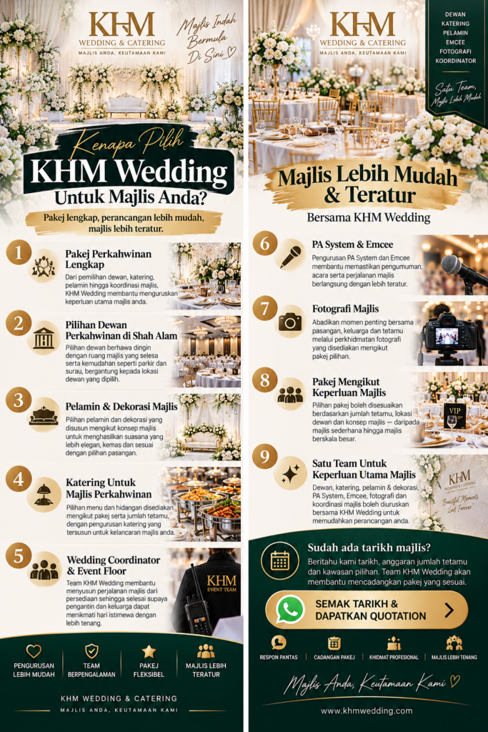 Kenapa pilih KHM Wedding untuk pakej perkahwinan Shah Alam lengkap dengan dewan, katering, pelamin, fotografi, emcee dan wedding coordinator
