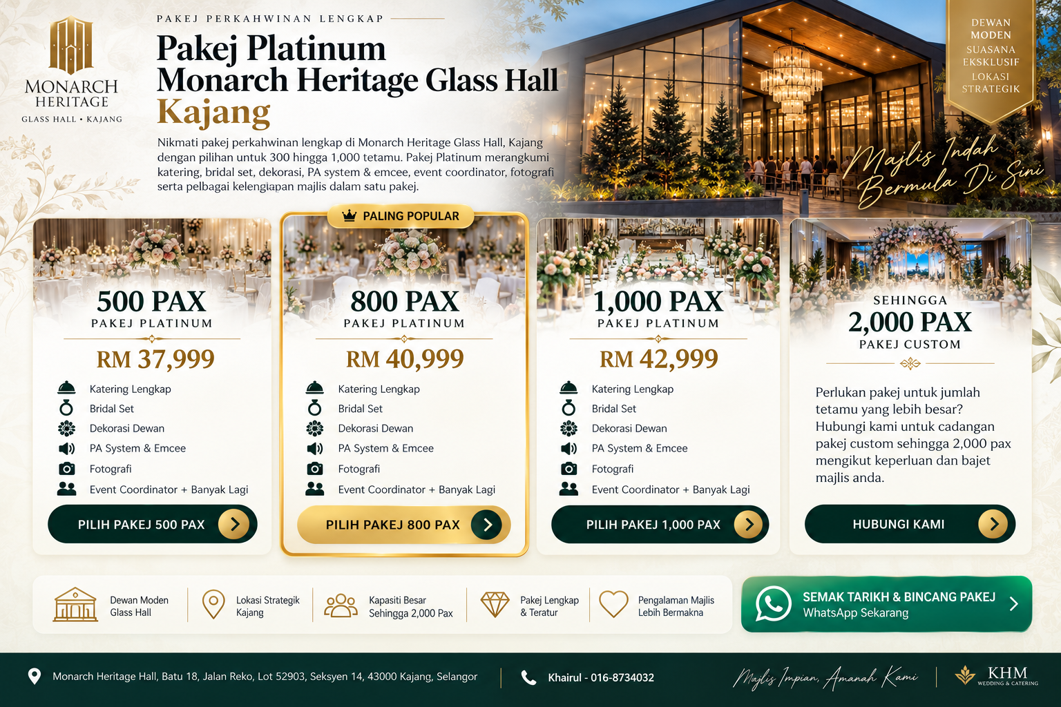 Pakej Perkahwinan Kajang Bangi Monarch Heritage Glass Hall 2026 2027 KHM Wedding