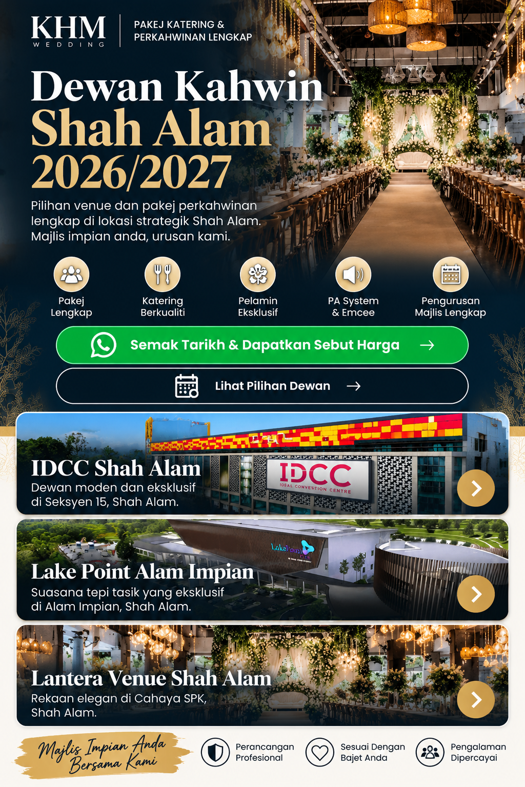 dewan kahwin Shah Alam 2026/2027 oleh KHM Wedding menampilkan IDCC Shah Alam, Lake Point Alam Impian dan Lantera Venue Cahaya SPK.